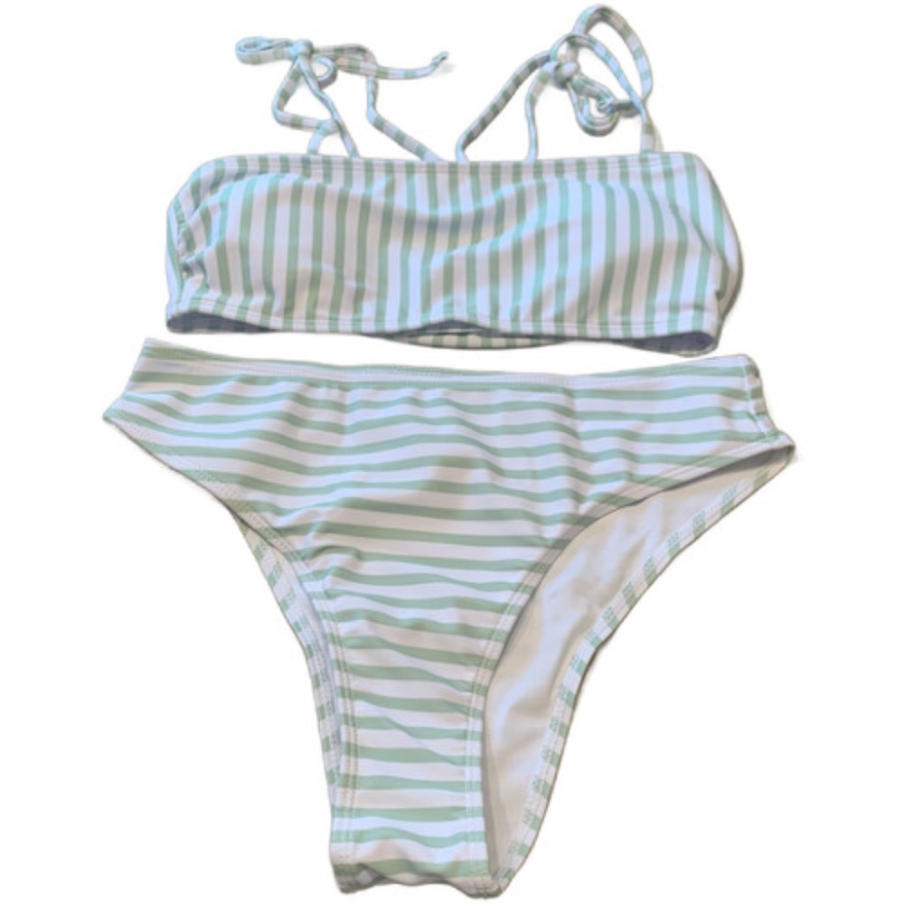 High Cut Green Stripe Bikini Swim Wear Size Small Bow Tie Shoulder 2 Pc Swimsuit